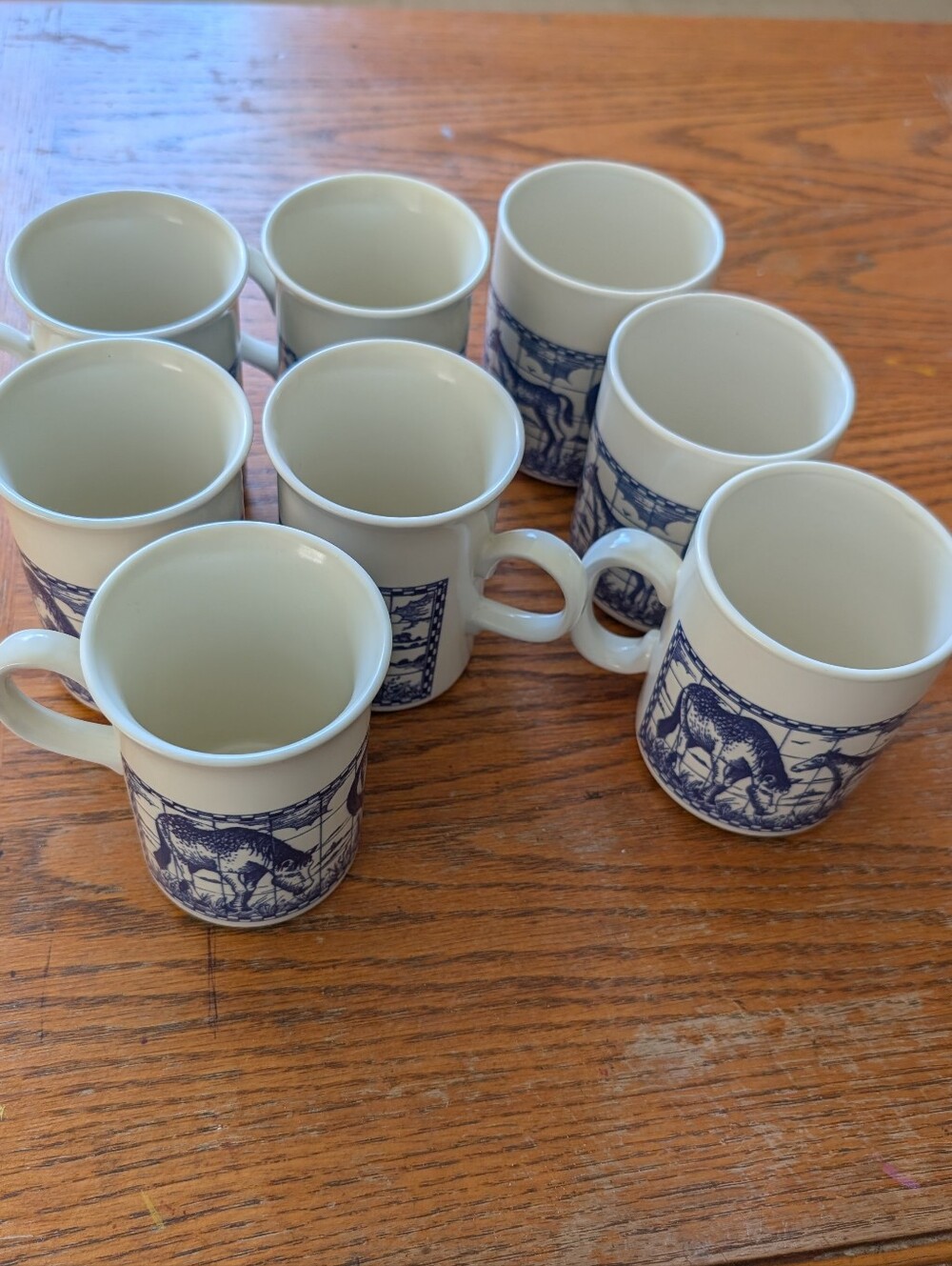 Vintage Horse Espresso Coffee Mug Set Blue White Ceramic Farm Ranch Cups Set 8